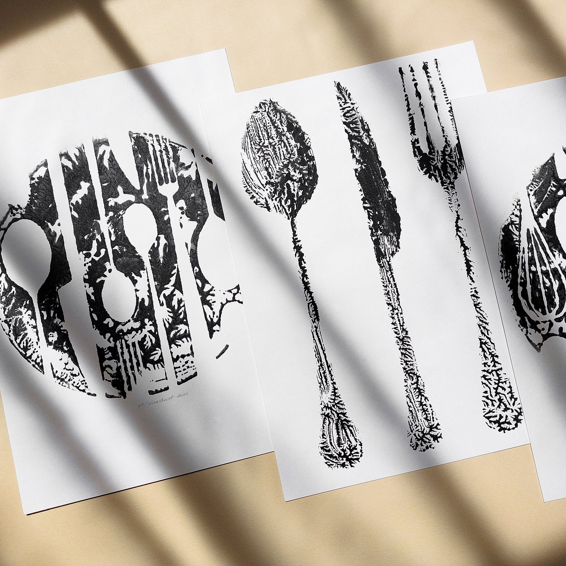 abstract spoon fork knife cutlery rustic fall wall art modern kitchen monotype relief print gallery wall set of 3 original artworks hostess gift cyber monday sale one of a kind grandmother Black Friday Sale Cyber Week Deal contemporary thankful christmas cottagecore monoprint autumn printmaking entryway thanksgiving minimalist farmhouse new home thankful to say thanks texture farm xmas mother thank you self sister mom mother apartment godmother wife woman gift for Her