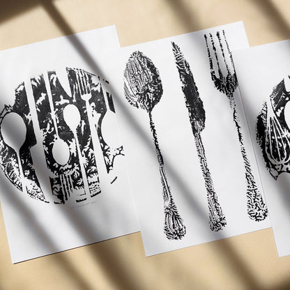abstract spoon fork knife cutlery rustic fall wall art modern kitchen monotype relief print gallery wall set of 3 original artworks hostess gift cyber monday sale one of a kind grandmother Black Friday Sale Cyber Week Deal contemporary thankful christmas cottagecore monoprint autumn printmaking entryway thanksgiving minimalist farmhouse new home thankful to say thanks texture farm xmas mother thank you self sister mom mother apartment godmother wife woman gift for Her