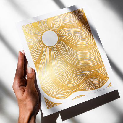 gold boho sun waves 8x10 autumn landscape wall art linocut print japanese original artwork classical style bedroom decor new home gift mid century modern mindful 
hand carved, wall hanging, unique Vintage art, unique wall art, trendy wall art, thank you gift boss, teacher appreciation gift, Summer wall art, large wall art, sister in law gift, shelf decor, self gift, rustic artwork, Retro scandinavian artwork, handprint, retirement gift, Relief print, realtor closing gift, Printmaking art