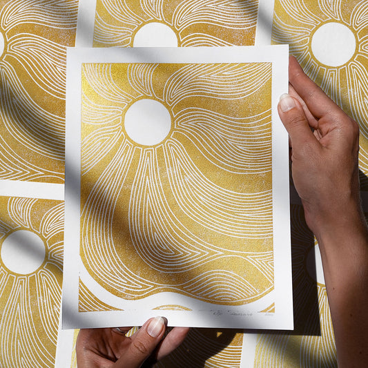 gold boho sun waves 8x10 autumn wall art landscape linocut print japanese original artwork classical style bedroom decor new home gift mid century modern mindful christmas rising sun minimalist printmaking bedroom home bohemian linogravure lino abstract lines contemporary living block relief handprint decoration geometric unique dopamine eclectic scandinavian trendy aesthetic above bed man cave apartment housewarming dining room dorm entryway laundry office hostess mom mother fall thanksgiving 
hand carved