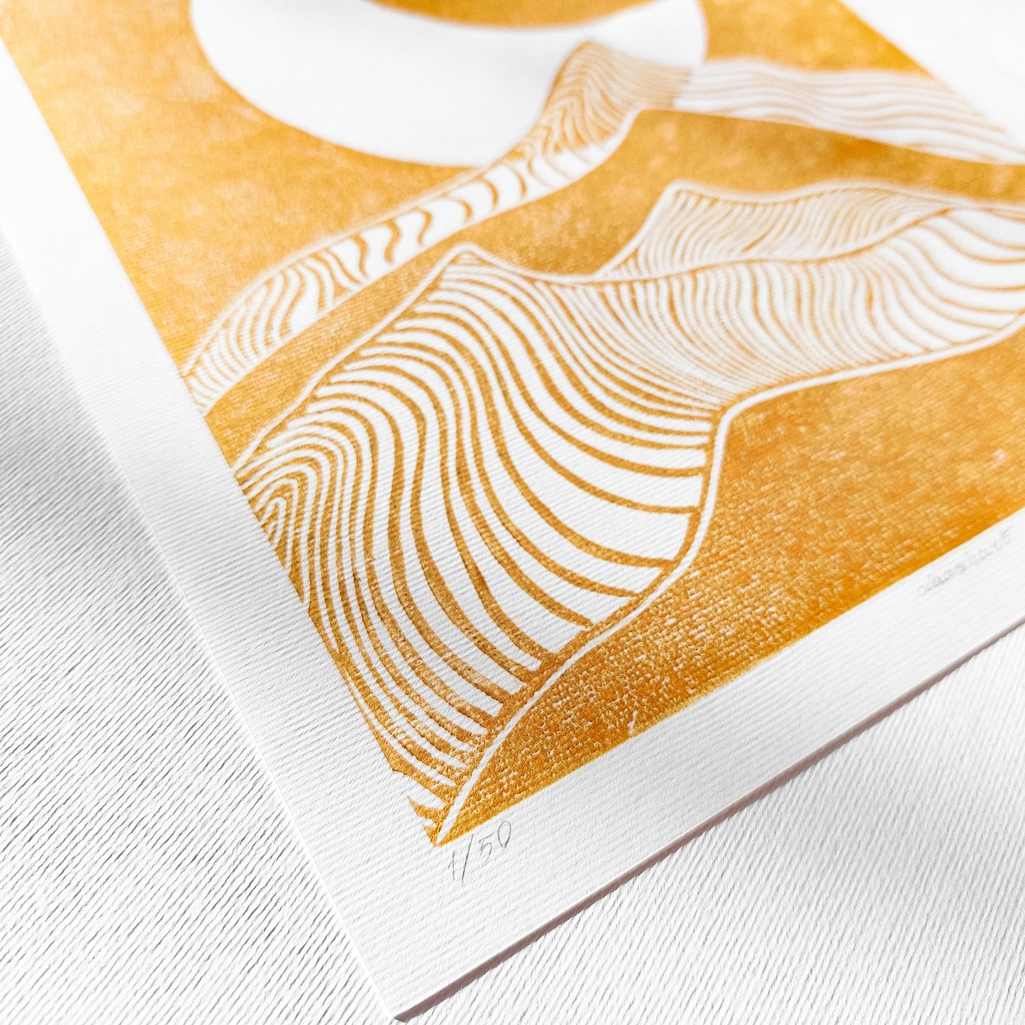 Gold Abstract Moon Line Mountains 8x10 Landscape Mini Linocut Print Modern Minimalist Original Artwork Master Bedroom Wall Art Decor one of a kind handmade unique relief block handprint printmaking lino inogravure art decor classical style 