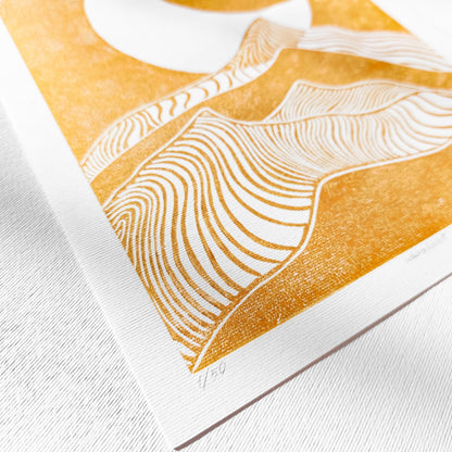 Gold Abstract Moon Line Mountains 8x10 Landscape Mini Linocut Print Modern Minimalist Original Artwork Master Bedroom Wall Art Decor one of a kind handmade unique relief block handprint printmaking lino inogravure art decor classical style 