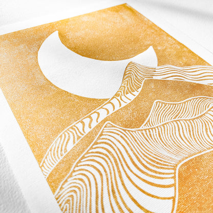 gold abstract moon line mountains 8x10 lino desert landscape mini linocut print modern minimalist original artwork master bedroom decor living room wall art hallway relief block linogravure reading nook boho classical style new home gift mid century modern mindful christmas printmaking bohemian abstract handprint decoration geometric unique dopamine eclectic scandinavian trendy aesthetic above bed man cave apartment housewarming dining room dorm entryway laundry office hostess mom mother