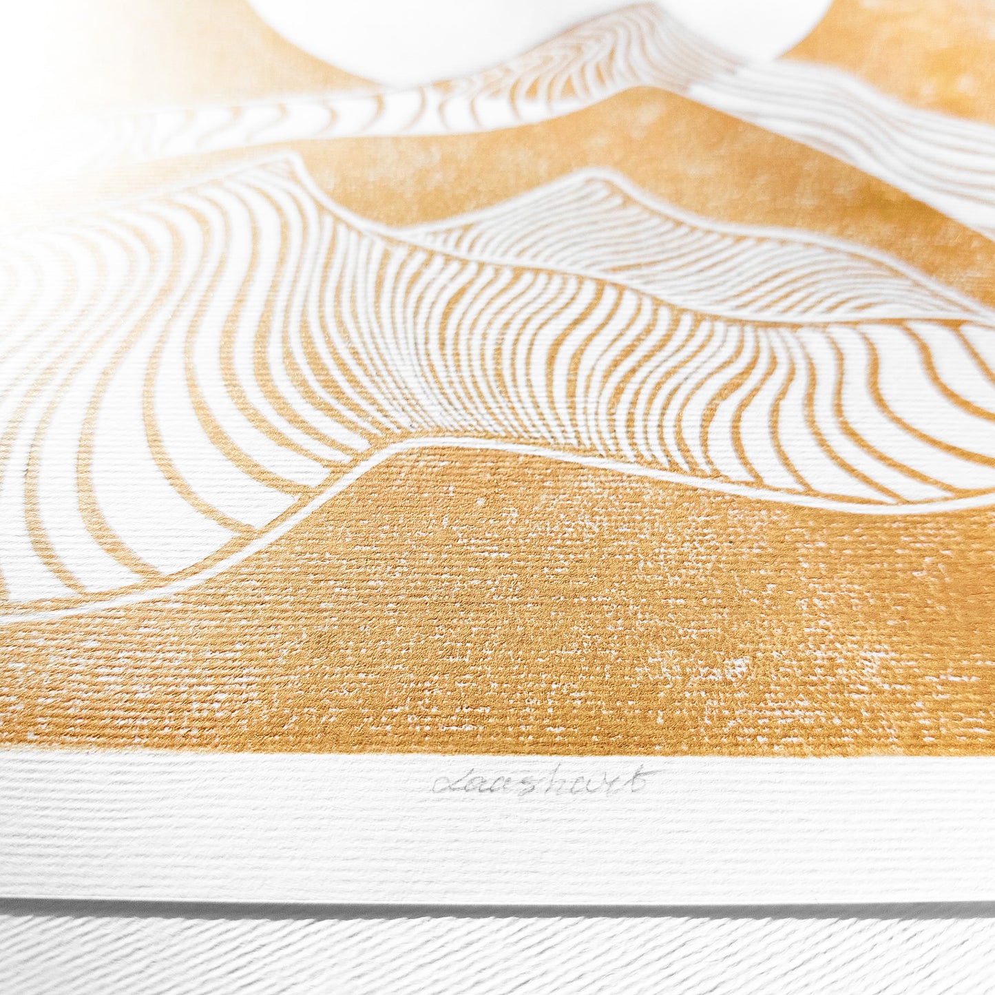 Gold Abstract Moon Line Mountains 8x10 Landscape Mini Linocut Print Modern Minimalist Original Artwork Master Bedroom Wall Art Decor
 one of a kind, office wall decor, nurse gift, niece gift from aunt, new mom gift, new job gift, New home gift, new grandma gift, new apartment housewarming gift, new apartment gift, nature print, eclectic, minimalist Nature original art, nature lover gift, mothers day gift ideas, mothers day gift from daughter, mothers day gift, mother in law gift, mom birthday gift, Modern