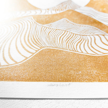 Gold Abstract Moon Line Mountains 8x10 Landscape Mini Linocut Print Modern Minimalist Original Artwork Master Bedroom Wall Art Decor
 one of a kind, office wall decor, nurse gift, niece gift from aunt, new mom gift, new job gift, New home gift, new grandma gift, new apartment housewarming gift, new apartment gift, nature print, eclectic, minimalist Nature original art, nature lover gift, mothers day gift ideas, mothers day gift from daughter, mothers day gift, mother in law gift, mom birthday gift, Modern