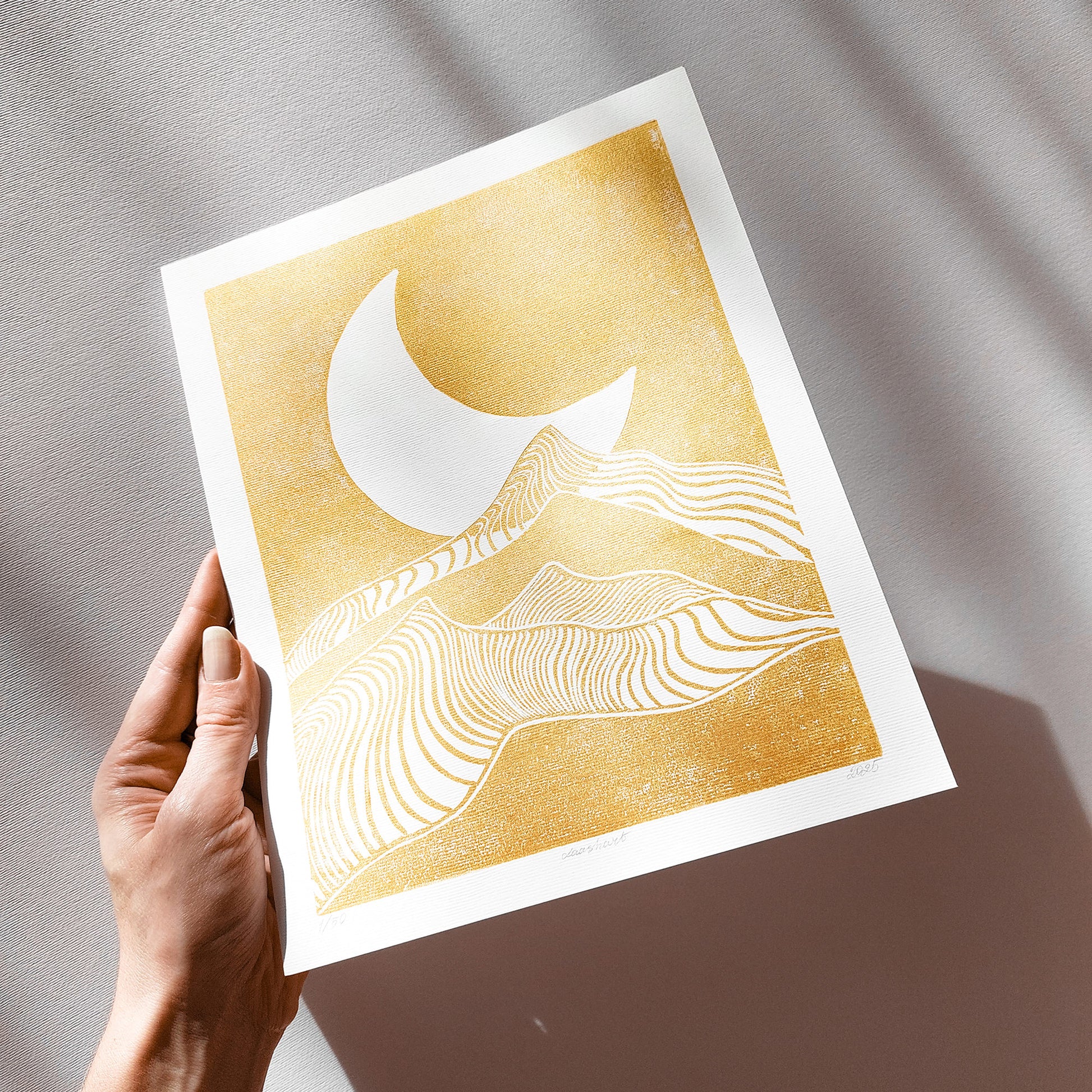 Gold Abstract Moon Line Mountains 8x10 Landscape Mini Linocut Print Modern Minimalist Original Artwork Master Bedroom Wall Art Decor
 original artwork, one of a kind, office wall decor, nurse gift, niece gift from aunt, new mom gift, new job gift, New home gift, new grandma gift, new apartment housewarming gift, new apartment gift, nature print, eclectic, minimalist Nature original art, nature lover gift, mothers day gift ideas, mothers day gift from daughter, mothers day gift, mother in law gift, mom