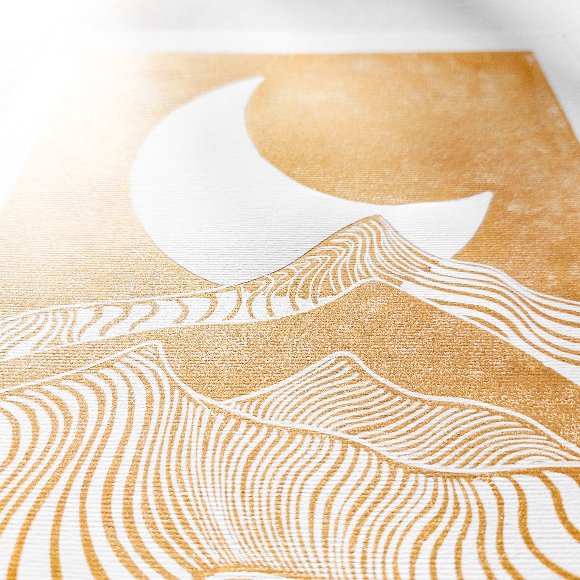 gold abstract moon line mountains 8x10 lino desert landscape mini linocut print modern minimalist original artwork master bedroom decor living room wall art hallway relief block linogravure reading nook boho classical style new home gift mid century modern mindful christmas printmaking bohemian abstract handprint decoration geometric unique dopamine eclectic scandinavian trendy aesthetic above bed man cave apartment housewarming dining room dorm entryway laundry office hostess mom mother