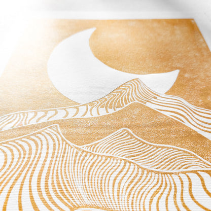 gold abstract moon line mountains 8x10 lino desert landscape mini linocut print modern minimalist original artwork master bedroom decor living room wall art hallway relief block linogravure reading nook boho classical style new home gift mid century modern mindful christmas printmaking bohemian abstract handprint decoration geometric unique dopamine eclectic scandinavian trendy aesthetic above bed man cave apartment housewarming dining room dorm entryway laundry office hostess mom mother