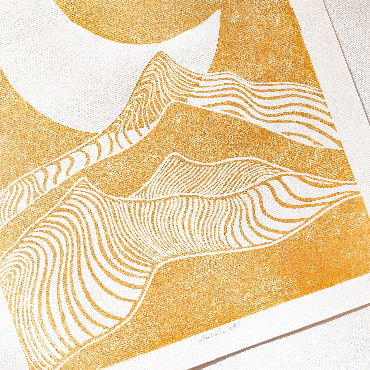 Gold Abstract Moon Line Mountains 8x10 Landscape Mini Linocut Print Modern Minimalist Original Artwork Master Bedroom Wall Art Decor Farmhouse wall decor, farm decor, easter gift, dorm room decor, diy gift, Dining Room Decor, Dining room art, daughter in law gift, bookshelf decor, Block print, Bedroom wall art, aunt gift, Aesthetic wall art reading nook family room master bedroom
