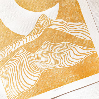 Gold Abstract Moon Line Mountains 8x10 Landscape Mini Linocut Print Modern Minimalist Original Artwork Master Bedroom Wall Art Decor Farmhouse wall decor, farm decor, easter gift, dorm room decor, diy gift, Dining Room Decor, Dining room art, daughter in law gift, bookshelf decor, Block print, Bedroom wall art, aunt gift, Aesthetic wall art reading nook family room master bedroom