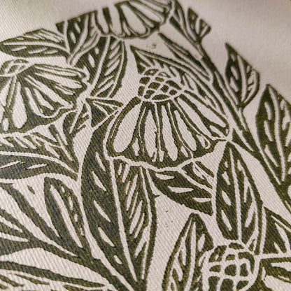 Beige coneflower art retro cottagecore echinacea flowers linocut print sage green color floral lino original artwork vintage linogravure above bed reading nook grandmother gift self nature present relief handprint staircase wall decor home office hostess monoprint farmhouse kitchen block bedroom sister botanical hallway printmaking farm sister mom mother new apartment godmother wife woman handmade dining Gratitude Entryway Earth Tones housewarming staircase living room bathroom powder quest room