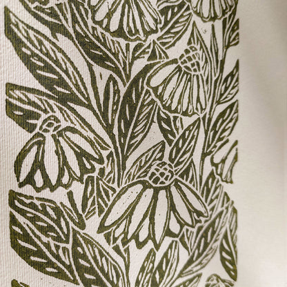 Beige coneflower art retro cottagecore echinacea flowers linocut print sage green color floral lino original artwork vintage linogravure above bed reading nook grandmother gift self nature present relief handprint staircase wall decor home office hostess monoprint farmhouse kitchen block bedroom sister botanical hallway printmaking farm sister mom mother new apartment godmother wife woman handmade dining Gratitude Entryway Earth Tones housewarming staircase living room bathroom powder quest room