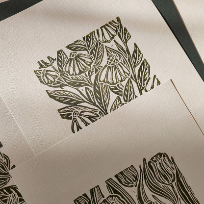 Sage green beige retro cottagecore vintage flowers linocut print gallery wall set of 6 peace original artwork above bed wall art peony iris magnolia jasmine echinacea tulip relief handprint rustic linogravure botanical lino coneflower floral reading nook gift self nature present home office hostess monoprint farmhouse kitchen bedroom sister hallway printmaking sister mom mother godmother wife woman dining Gratitude Entryway Earth Tones housewarming staircase living room bathroom powder quest