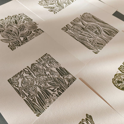 Sage green beige retro cottagecore vintage flowers linocut print gallery wall set of 6 peace original artwork above bed wall art peony iris magnolia jasmine echinacea tulip relief handprint rustic linogravure botanical lino coneflower floral reading nook gift self nature present home office hostess monoprint farmhouse kitchen bedroom sister hallway printmaking sister mom mother godmother wife woman dining Gratitude Entryway Earth Tones housewarming staircase living room bathroom powder quest
