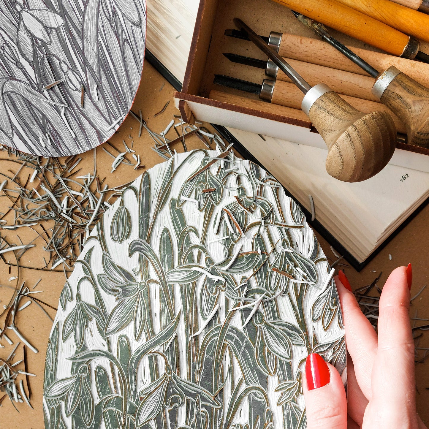 Gallery Wall Set 2 Vintage Anatomy Snowdrop Flowers Linocut Print Original Herb Botanical Artwork Bedroom Focal Point Art Decor Mother Gift block linoleum 
