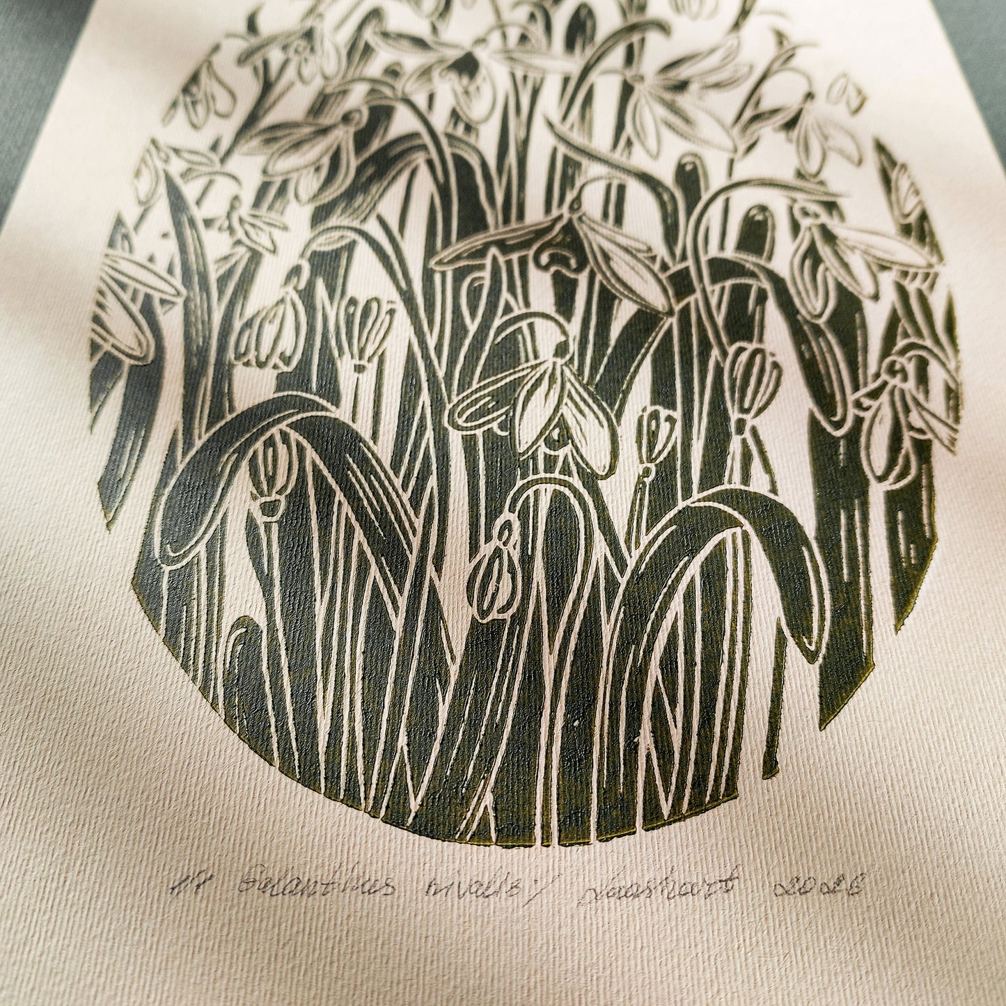Sage green beige vintage flower art snowdrops flowers rustic linocut print floral lino winter botanical original artwork reading nook decor farm retro primary bedroom european countryside mother gift ideas relief handprint nature linogravure chateaucore hallway block farmhouse living room hostess new apartment for professor home office workspace handmade educational dining entryway kitchen dorm mom wife woman sister girlfriend godmother Present Gratitude family craft room foyer laundry mudroom