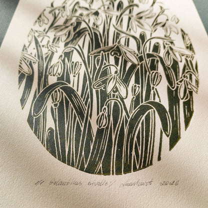 Sage green beige vintage flower art snowdrops flowers rustic linocut print floral lino winter botanical original artwork reading nook decor farm retro primary bedroom european countryside mother gift ideas relief handprint nature linogravure chateaucore hallway block farmhouse living room hostess new apartment for professor home office workspace handmade educational dining entryway kitchen dorm mom wife woman sister girlfriend godmother Present Gratitude family craft room foyer laundry mudroom