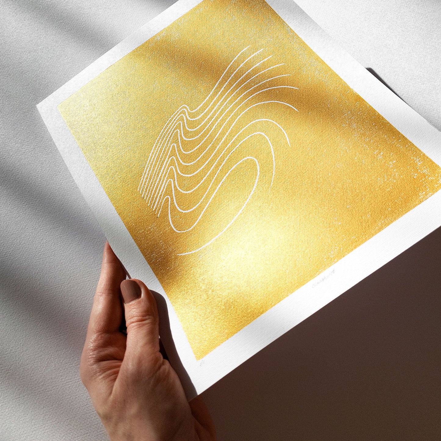 Gold wabi sabi wall art abstract lines mountains shadow waves water lover 8x10 inches mini landscape print modern linocut minimalist lino european countryside original artwork entryway decor relief handprint minimal linogravure gifts for hikers warm neutral gift coworker classical style primary master bedroom mid century modern mindful printmaking home bohemian contemporary living block geometric eclectic scandinavian trendy aesthetic above bed apartment housewarming dining dorm entryway laundry mom mother