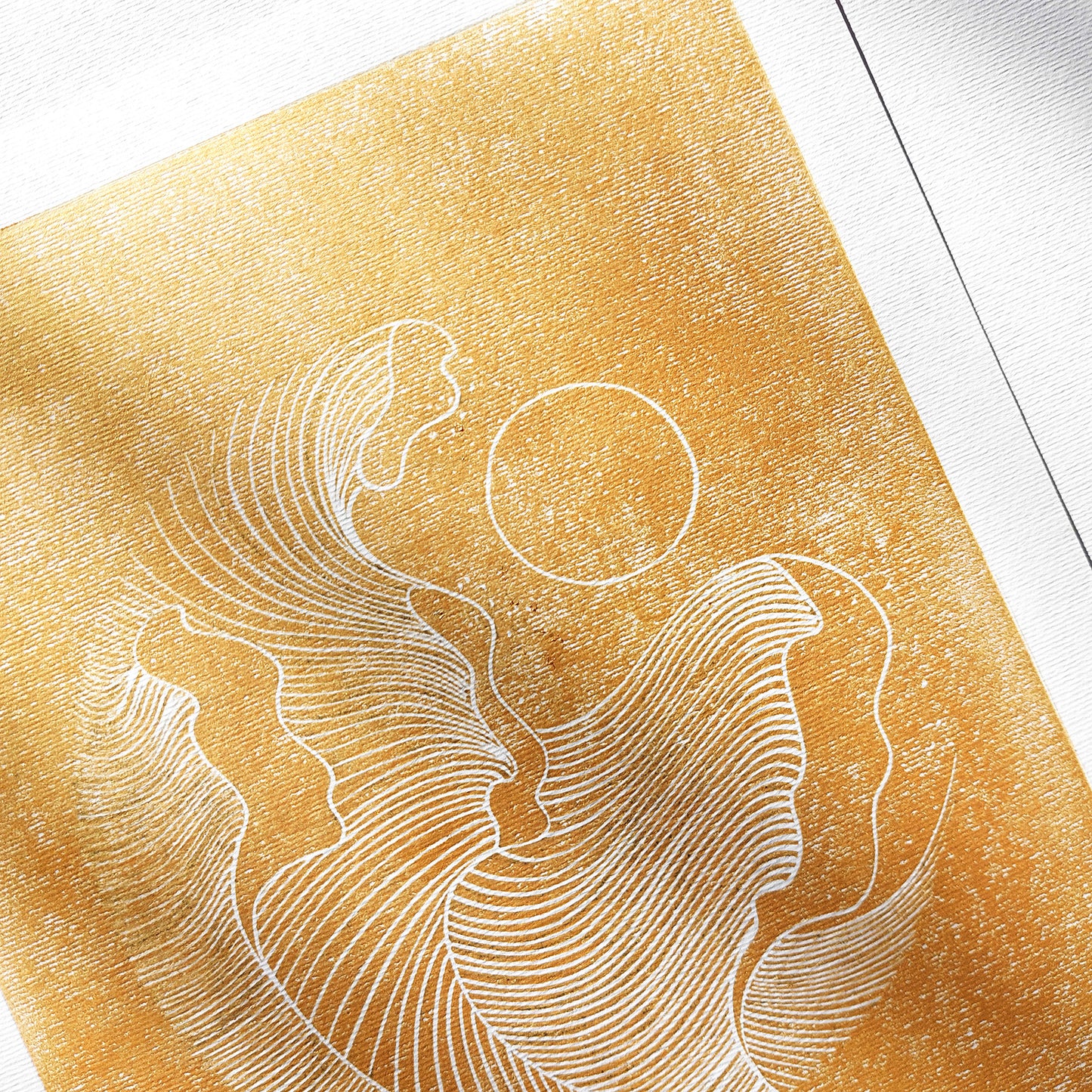 Gold abstract lines ocean waves 8x10 inches mini landscape linocut print minimalist lino art european countryside original artwork hampton wall organic modern linogravure 
dorm room decor, diy gift, Dining Room Decor, Dining room art, daughter in law gift, bookshelf decor, Block print, Bedroom wall art, aunt gift, Aesthetic wall art