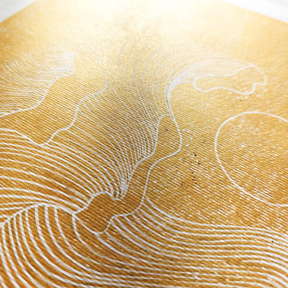 Gold abstract lines ocean waves 8x10 inches mini landscape linocut print minimalist lino art european countryside original artwork hampton wall organic modern linogravure contemporary lines home office decor wabi sabi entryway relief handprint minimal gifts for hikers warm neutral for coworker classical style primary master bedroom mid century modern mindful printmaking home living block geometric scandinavian aesthetic above bed apartment housewarming dining dorm entryway laundry mom mother