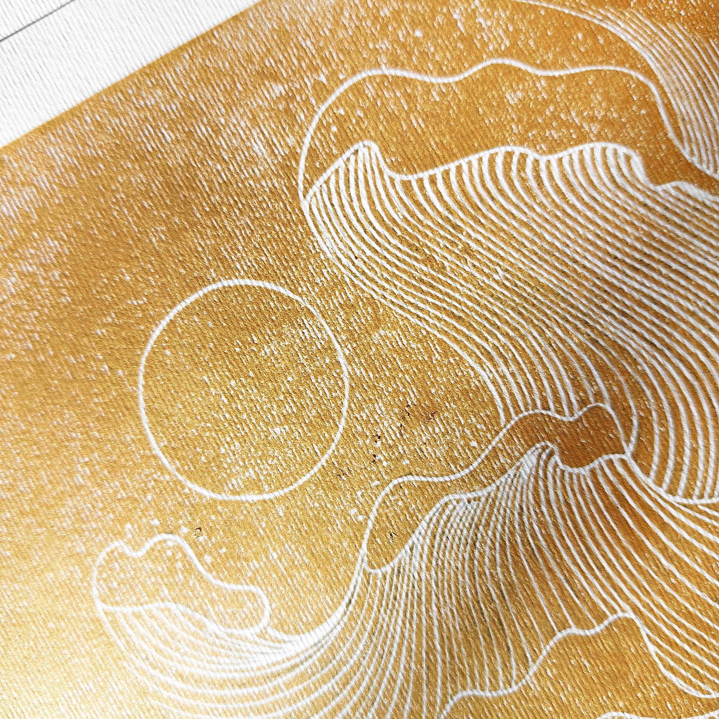 Gold abstract lines ocean waves 8x10 inches mini landscape linocut print minimalist lino art european countryside original artwork hampton wall organic modern linogravure contemporary lines home office decor wabi sabi entryway relief handprint minimal gifts for hikers warm neutral for coworker classical style primary master bedroom mid century modern mindful printmaking home living block geometric scandinavian aesthetic above bed apartment housewarming dining dorm entryway laundry mom mother