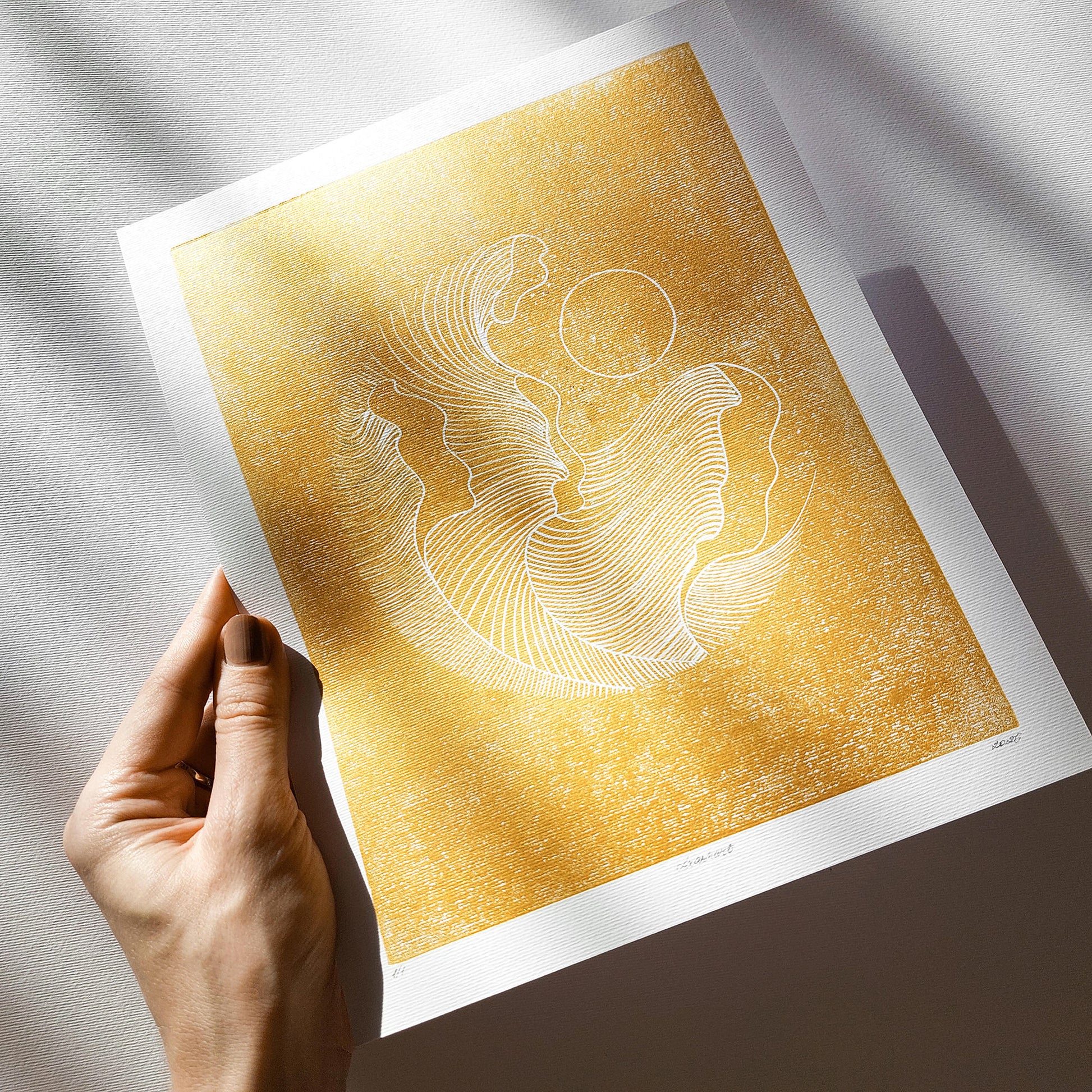 Gold abstract lines ocean waves 8x10 inches mini landscape linocut print minimalist lino art european countryside original artwork hampton wall organic modern linogravure 
Housewarming gift, hostess gift, home gift unique, heirloom gift, handmade gift for women, handmade gift for the home, master bedroom, grandmother gift, grandma gift, going away gift for coworker, godparent gift, godmother gift, girlfriend gift, gift for the home, gift for best friend female, Farmhouse wall decor, farm decor, easter gift