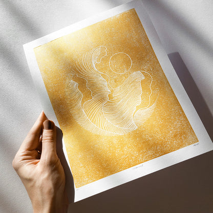 Gold abstract lines ocean waves 8x10 inches mini landscape linocut print minimalist lino art european countryside original artwork hampton wall organic modern linogravure 
Housewarming gift, hostess gift, home gift unique, heirloom gift, handmade gift for women, handmade gift for the home, master bedroom, grandmother gift, grandma gift, going away gift for coworker, godparent gift, godmother gift, girlfriend gift, gift for the home, gift for best friend female, Farmhouse wall decor, farm decor, easter gift
