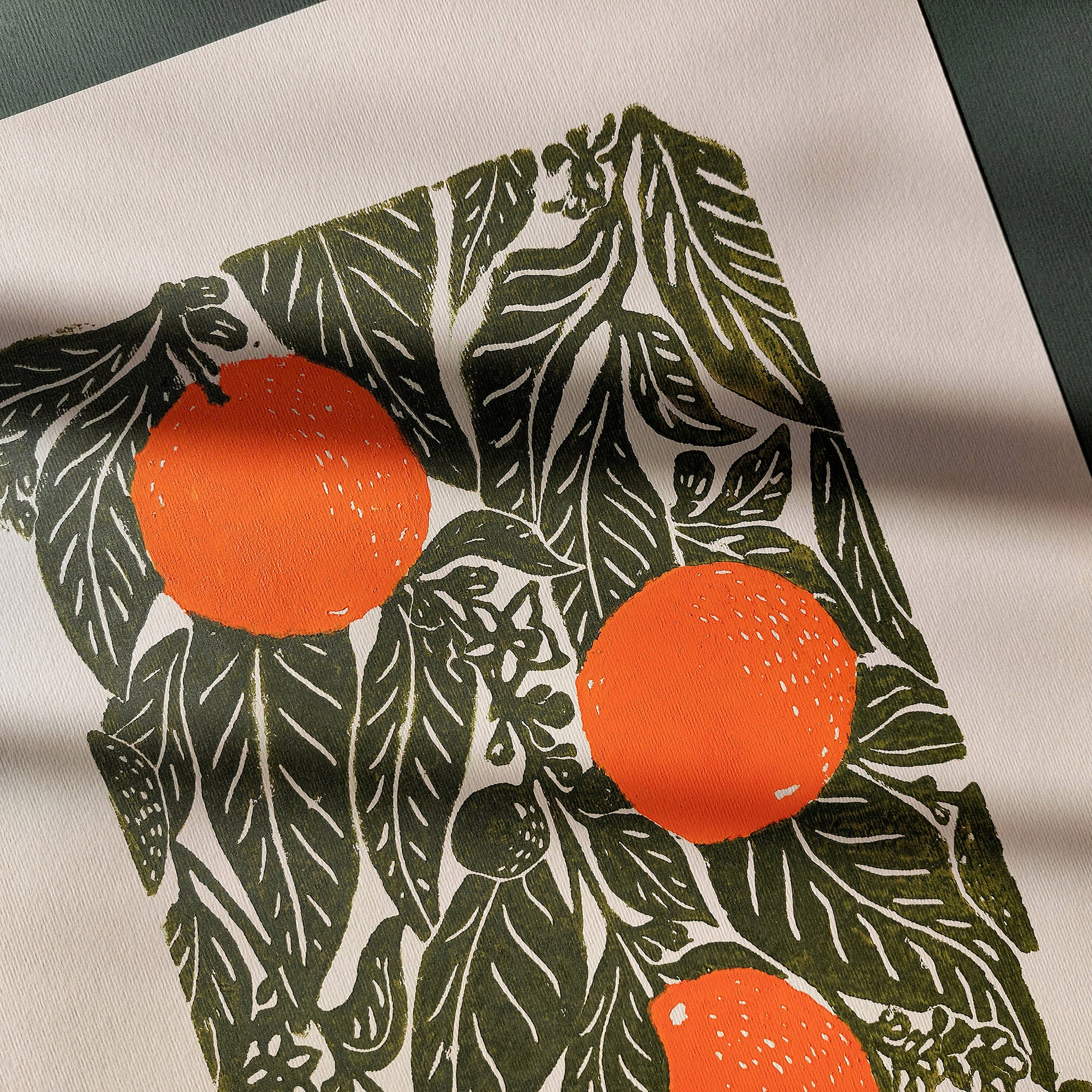 Sage green beige retro cottagecore oranges citrus fruit large linocut print vintage kitchen dining room botanical lino original artwork Farmhouse wall art english cottage rustic linogravure relief handprint quiet luxury reading nook decor hostess present botanical printmaking housewarming grandmother wife daughter big sister girlfriend handmade home mothers mom mother female daughter godmother aunt unique of you long distance heirloom new home aesthetic farm hallway staircase antique etching