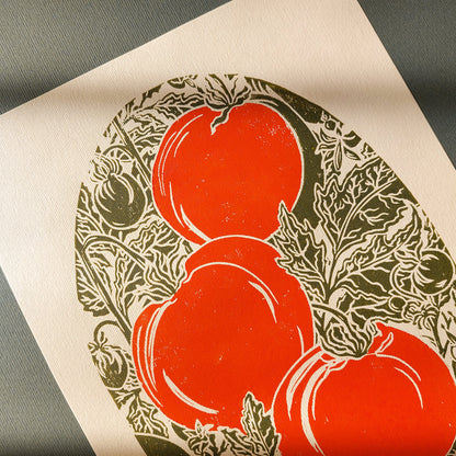 Red sage green beige vintage cottagecore tomato vegetable rustic linocut print retro kitchen dning room decor botanical lino garden harvest pantry original artwork gift for cook mom present nature linogravure farm heirloom christmas home self thoughtful autumn summer plant lover grandmother housewarming bedroom relief wife girlfriend sister godmother Coworker Say Thanks printmaking block hallway entryway handmade unique Xmas mindfulness dopamine new beginnings gift staircase farm