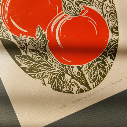 Red sage green beige vintage cottagecore tomato vegetable rustic linocut print retro kitchen dning room decor botanical lino garden harvest pantry original artwork gift for cook mom present nature linogravure farm 
primary bedroom, sister in law gift, shelf decor, self gift, Sage green color, rustic artwork, Retro artwork, retirement gift, Relief print, realtor closing gift, Printmaking art, Plant print, plant lover gift, original illustration, hallway, original artwork, green art, one of a kind, office