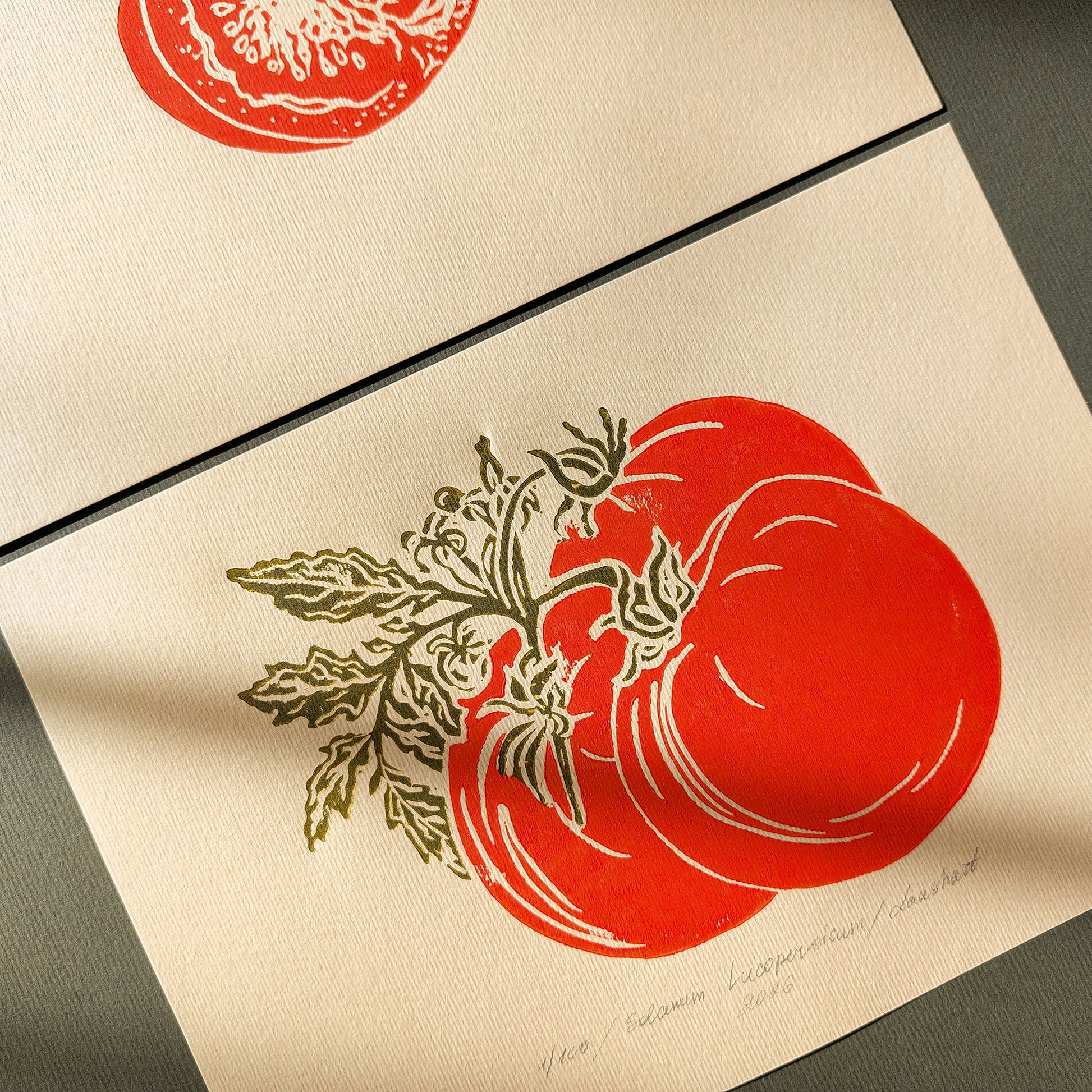 vintage cottagecore tomatoes berry nature linocut print mini gallery wall set of 3 piece farmhouse kitchen original artwork berries slice european countryside dining room decor relief printmaking rustic linogravure sage green engraving etching red beige retro