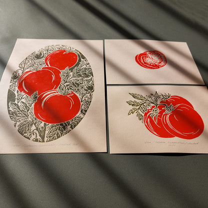 Red sage green vintage cottagecore tomatoes berry farmhouse kitchen nature linocut print mini gallery wall set of 3 piece dining room decor botanical retro lino original artwork berries slice quiet luxury rustic linogravure handmade 
printmaking, Farmhouse wall decor, antique botanical print, Farmhouse wall art, staircase, bedside wall decor, farm kitchen wall art, farm decor, scandinavian, laundry, workspace, european countryside, easter gift, engraving style, dorm room decor, country cottage, diy gift