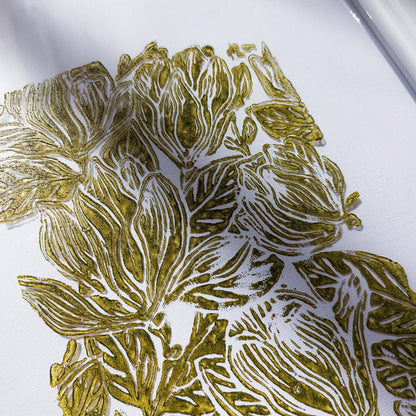 retro cottagecore magnolia flowers linocut print flexible plexiglass relief monoprint sage green color floral lino original artwork window nook decor mother gift ideas rustic linogravure study room wall art laundry room retro handprint hallway coworker gift above bed reading nook grandmother gift self nature present staircase home hostess farmhouse kitchen block bedroom sister botanical printmaking farm sister mom mother new apartment godmother wife woman dining Entryway housewarming living room