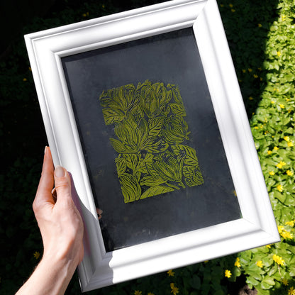 retro cottagecore magnolia flowers linocut print flexible plexiglass relief monoprint sage green color floral lino original artwork window nook decor 
wall hanging, hand carved, unique trendy, thank you gift boss, teacher appreciation gift, powder room, creative studio wall art, treat yourself, Summer wall art, large wall art, sister in law gift, self gift, rustic artwork, scandinavian artwork, retirement gift, realtor closing gift, primary bedroom, Relief handprint, one of a kind, half bath wall art