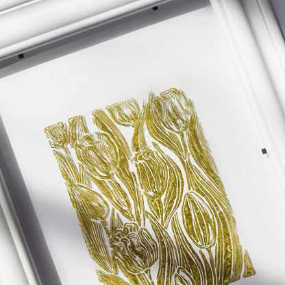 unique retro cottagecore tulip flower nature linocut print flexible plexiglass relief monoprint sage green color floral lino original artwork window nook decor grandmother gift rustic linogravure above bed wall art staircase one of a kind mother study room aundry room handprint hallway coworker reading nook self home hostess farmhouse kitchen block bedroom sister botanical printmaking farm sister mom mother new apartment godmother wife woman dining Entryway housewarming living room