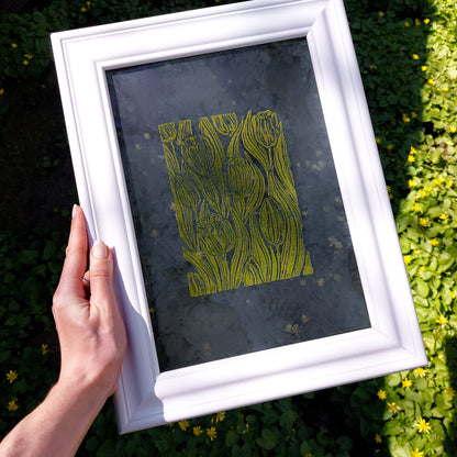 unique retro cottagecore tulip flower nature linocut print flexible plexiglass relief monoprint sage green color floral lino original artwork window nook decor 
wall hanging, hand carved, unique trendy, thank you gift boss, teacher appreciation gift, powder room, creative studio wall art, treat yourself, Summer wall art, large wall art, sister in law gift, self gift, rustic artwork, scandinavian artwork, retirement gift, realtor closing gift, primary bedroom, Relief handprint, one of a kind, half bath 