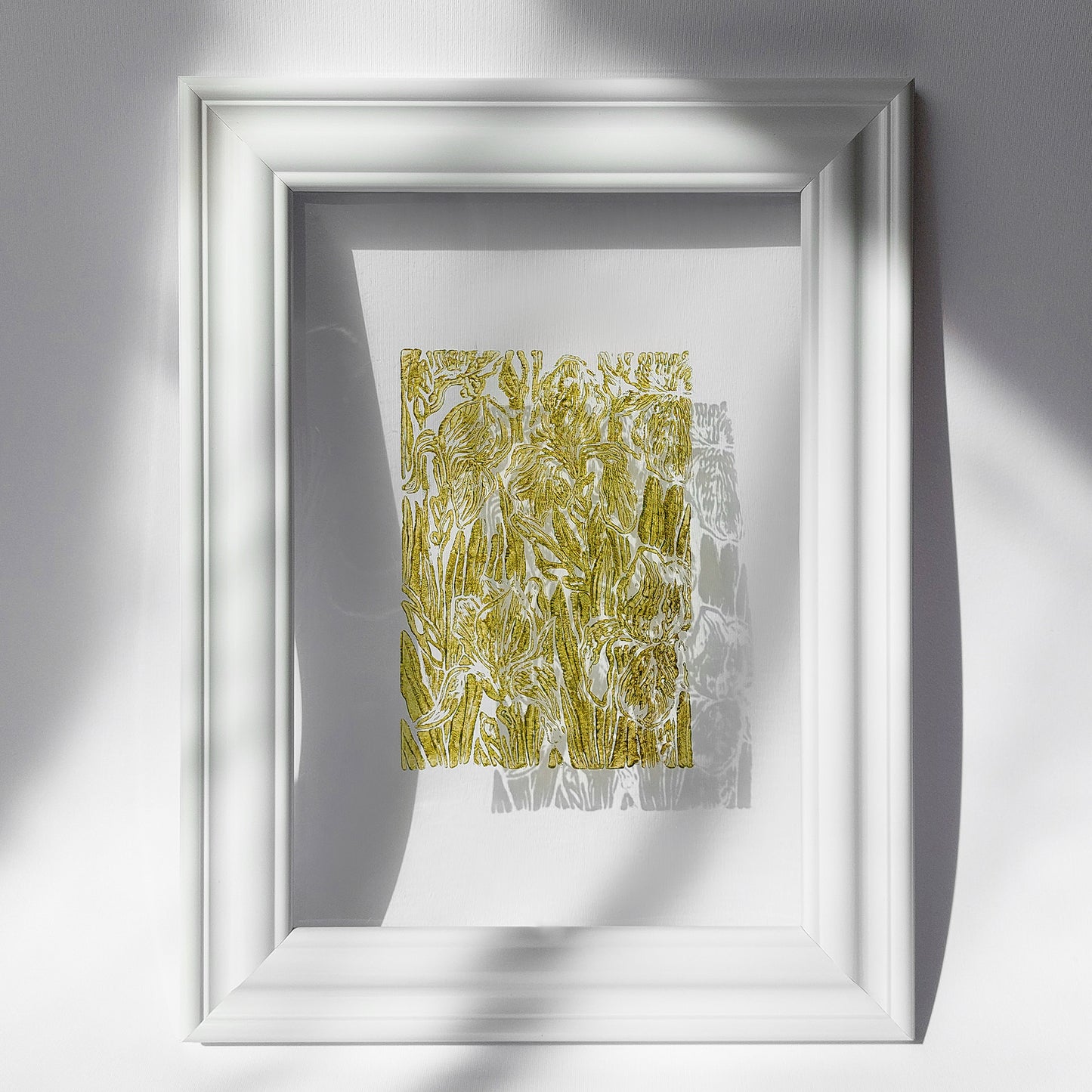 retro cottagecore iris flower nature linocut print flexible plexiglass relief monoprint sage green color floral lino original artwork window nook decor rustic linogravure living room wall art self sister gift idea unique retro grandmother above bed staircase one of a kind mother study room laundry room handprint hallway coworker reading nook home hostess farmhouse kitchen block bedroom sister botanical printmaking farm sister mom mother new apartment godmother wife dining Entryway housewarming
