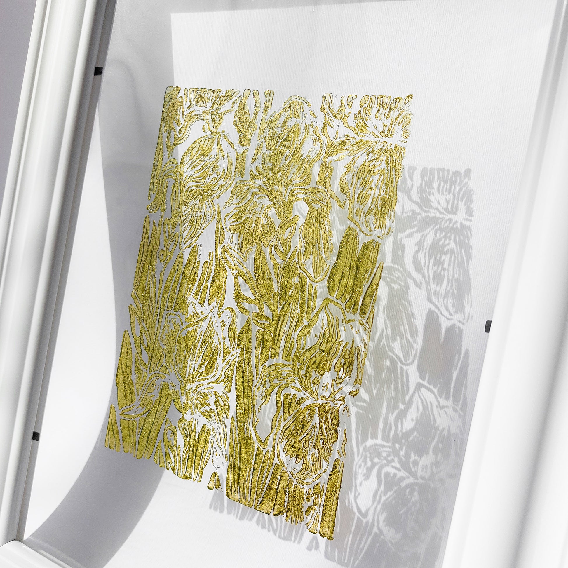 retro cottagecore iris flower nature linocut print flexible plexiglass relief monoprint sage green color floral lino original artwork window nook decor rustic linogravure living room wall art self sister gift idea unique retro grandmother above bed staircase one of a kind mother study room laundry room handprint hallway coworker reading nook home hostess farmhouse kitchen block bedroom sister botanical printmaking farm sister mom mother new apartment godmother wife dining Entryway housewarming