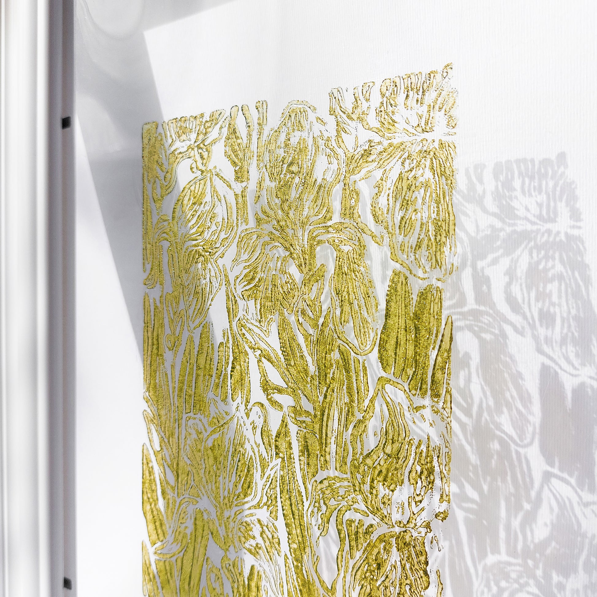 retro cottagecore iris flower nature linocut print flexible plexiglass relief monoprint sage green color floral lino original artwork window nook decor rustic linogravure living room wall art self sister gift idea unique retro grandmother above bed staircase one of a kind mother study room laundry room handprint hallway coworker reading nook home hostess farmhouse kitchen block bedroom sister botanical printmaking farm sister mom mother new apartment godmother wife dining Entryway housewarming
