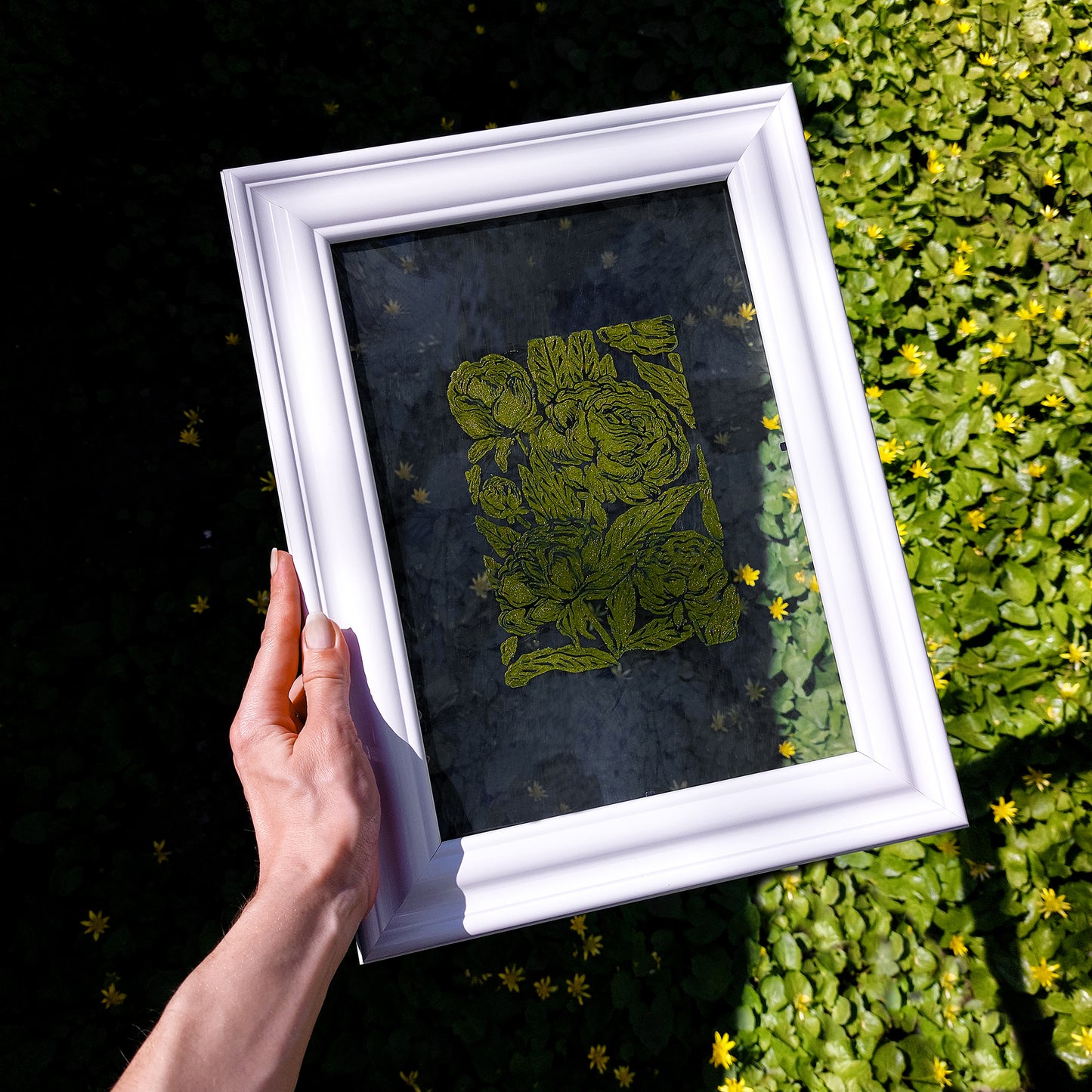 retro cottagecore peony flowers linocut print flexible plexiglass relief monoprint sage green color floral lino print original artwork window nook decor 
wall hanging, hand carved, unique trendy, thank you gift boss, teacher appreciation gift, powder room, creative studio wall art, treat yourself, Summer wall art, large wall art, sister in law gift, self gift, rustic artwork, scandinavian artwork, retirement gift, realtor closing gift, primary bedroom, Relief handprint, one of a kind, half bath wall art
