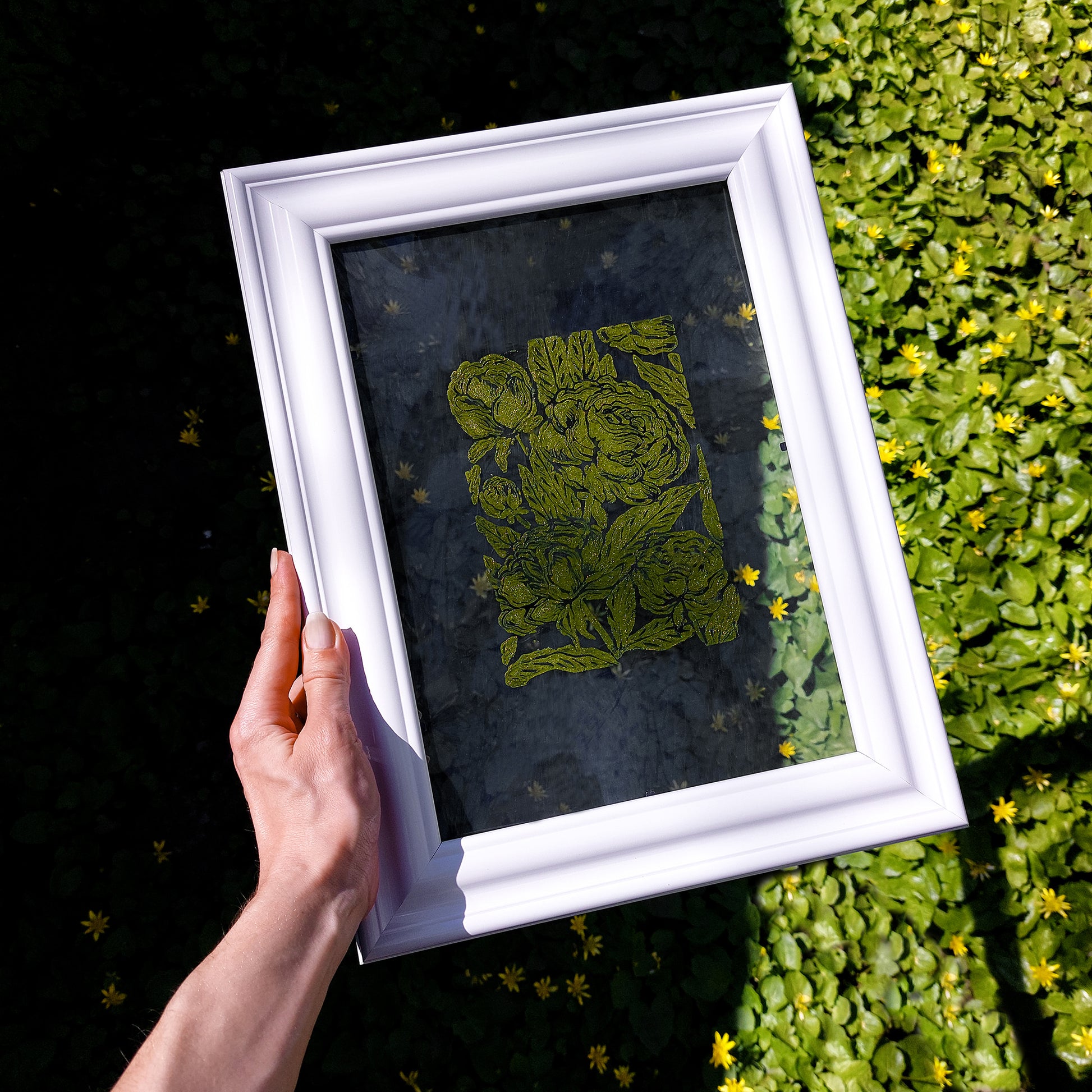 retro cottagecore peony flowers linocut print flexible plexiglass relief monoprint sage green color floral lino print original artwork window nook decor 
wall hanging, hand carved, unique trendy, thank you gift boss, teacher appreciation gift, powder room, creative studio wall art, treat yourself, Summer wall art, large wall art, sister in law gift, self gift, rustic artwork, scandinavian artwork, retirement gift, realtor closing gift, primary bedroom, Relief handprint, one of a kind, half bath wall art