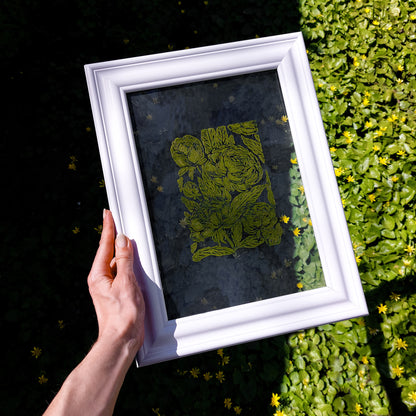 retro cottagecore peony flowers linocut print flexible plexiglass relief monoprint sage green color floral lino print original artwork window nook decor 
wall hanging, hand carved, unique trendy, thank you gift boss, teacher appreciation gift, powder room, creative studio wall art, treat yourself, Summer wall art, large wall art, sister in law gift, self gift, rustic artwork, scandinavian artwork, retirement gift, realtor closing gift, primary bedroom, Relief handprint, one of a kind, half bath wall art