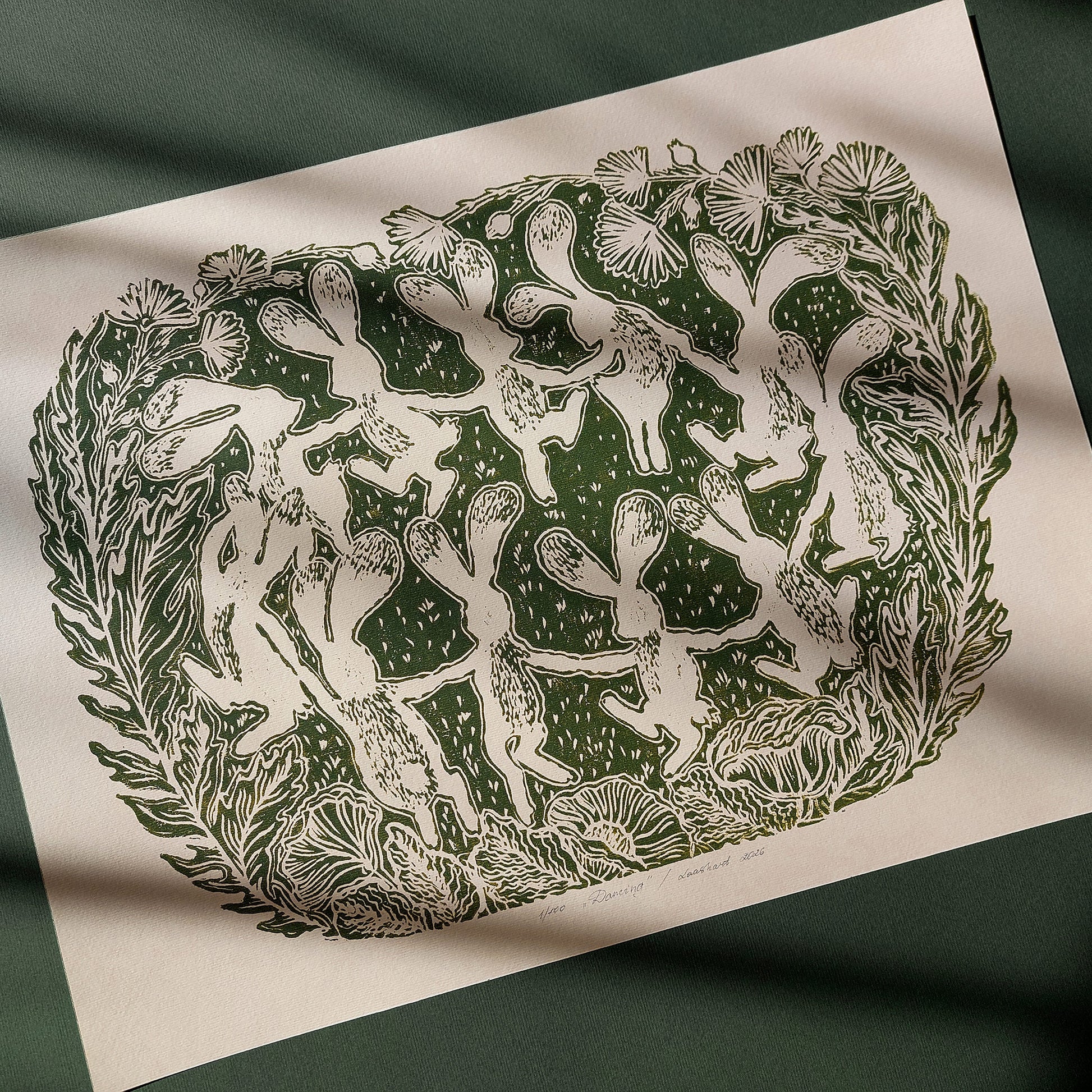 Beige retro whimsical sage green color dancing rabbits art large linocut print floral lino botanical wall kids reading nook forestcore foraged wildflower study room decor rustic linogravure toddler room art relief printmaking original artwork bedroom new home gift mindful living block handprint decoration unique dopamine eclectic above bed apartment housewarming dining room dorm entryway laundry office hostess mom mother staircase playroom hallway nature lover gift foyer treat yourself