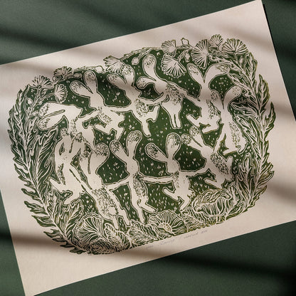 Beige retro whimsical sage green color dancing rabbits art large linocut print floral lino botanical wall kids reading nook forestcore foraged wildflower study room decor rustic linogravure toddler room art relief printmaking original artwork bedroom new home gift mindful living block handprint decoration unique dopamine eclectic above bed apartment housewarming dining room dorm entryway laundry office hostess mom mother staircase playroom hallway nature lover gift foyer treat yourself