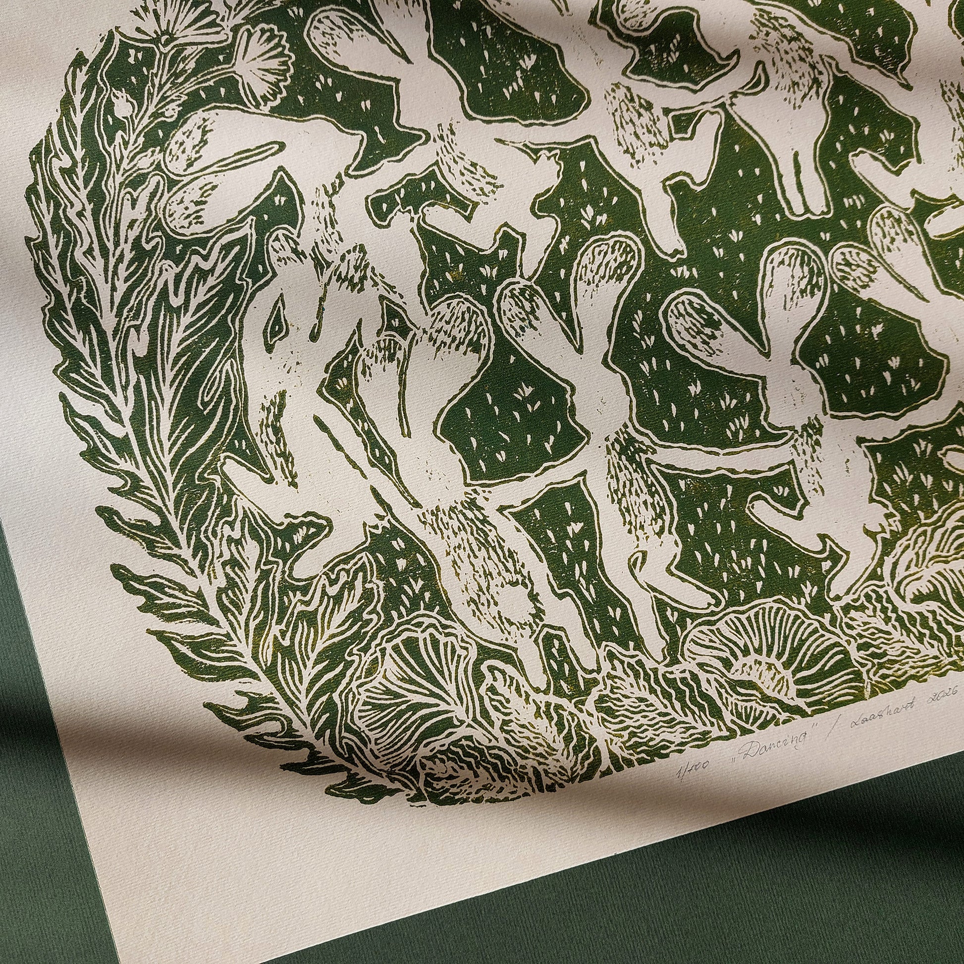 Beige retro whimsical sage green color dancing rabbits art large linocut print floral lino botanical wall kids reading nook forestcore foraged wildflower study room decor rustic linogravure toddler room art relief printmaking original artwork bedroom new home gift mindful living block handprint decoration unique dopamine eclectic above bed apartment housewarming dining room dorm entryway laundry office hostess mom mother staircase playroom hallway nature lover gift foyer treat yourself