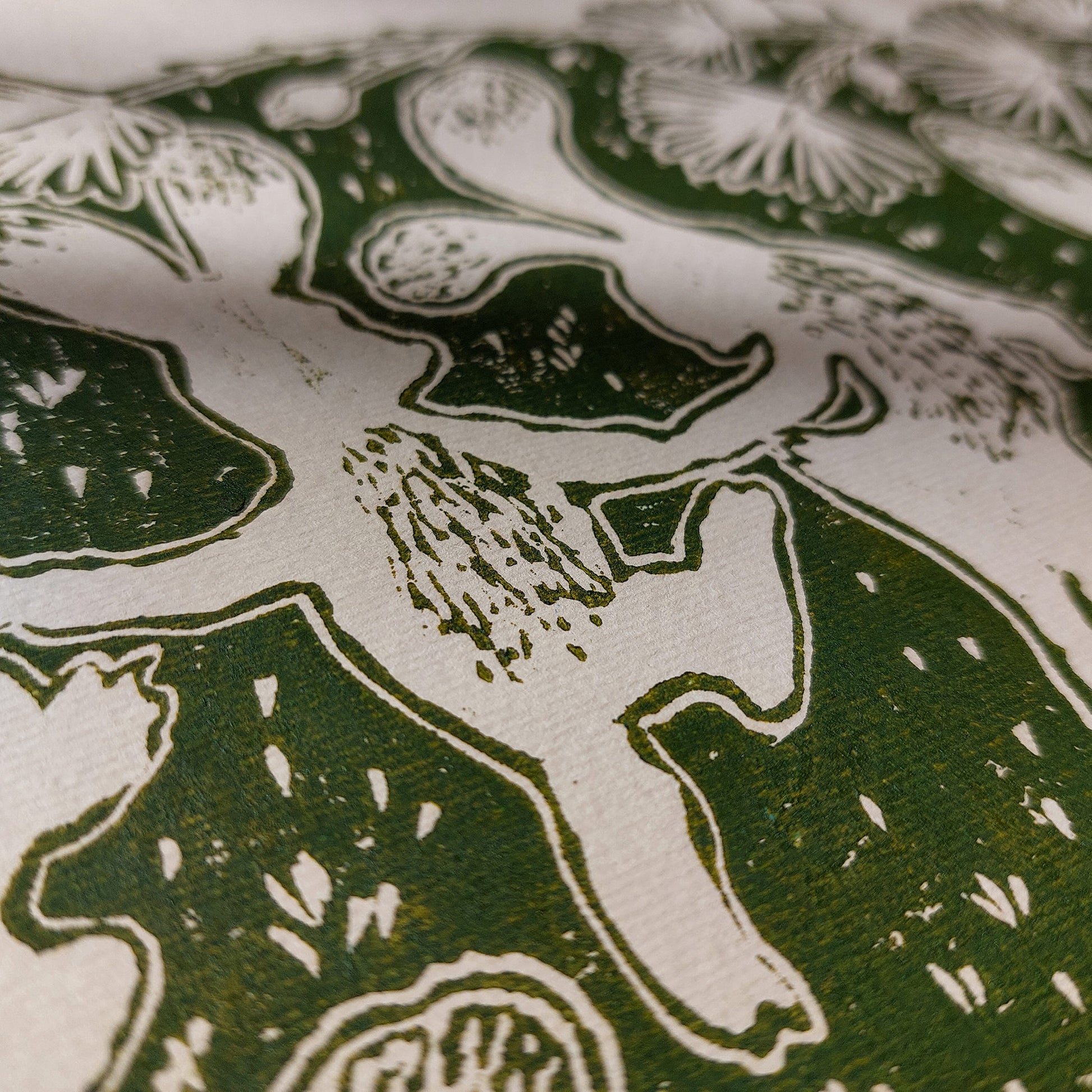Beige retro whimsical sage green color dancing rabbits art large linocut print floral lino botanical wall kids reading nook forestcore foraged wildflower study room decor rustic linogravure toddler room art relief printmaking original artwork bedroom new home gift mindful living block handprint decoration unique dopamine eclectic above bed apartment housewarming dining room dorm entryway laundry office hostess mom mother staircase playroom hallway nature lover gift foyer treat yourself
