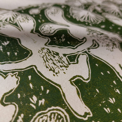 Beige retro whimsical sage green color dancing rabbits art large linocut print floral lino botanical wall kids reading nook forestcore foraged wildflower study room decor rustic linogravure toddler room art relief printmaking original artwork bedroom new home gift mindful living block handprint decoration unique dopamine eclectic above bed apartment housewarming dining room dorm entryway laundry office hostess mom mother staircase playroom hallway nature lover gift foyer treat yourself