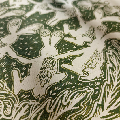 Beige retro whimsical sage green color dancing rabbits art large linocut print floral lino botanical wall kids reading nook forestcore foraged wildflower study room decor rustic linogravure toddler room art relief printmaking original artwork bedroom new home gift mindful living block handprint decoration unique dopamine eclectic above bed apartment housewarming dining room dorm entryway laundry office hostess mom mother staircase playroom hallway nature lover gift foyer treat yourself
