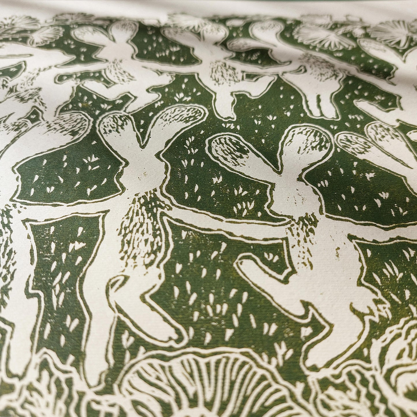 Beige retro whimsical sage green color dancing rabbits art large linocut print floral lino botanical wall kids reading nook forestcore foraged wildflower study room decor rustic linogravure toddler room art relief printmaking original artwork bedroom new home gift mindful living block handprint decoration unique dopamine eclectic above bed apartment housewarming dining room dorm entryway laundry office hostess mom mother staircase playroom hallway nature lover gift foyer treat yourself