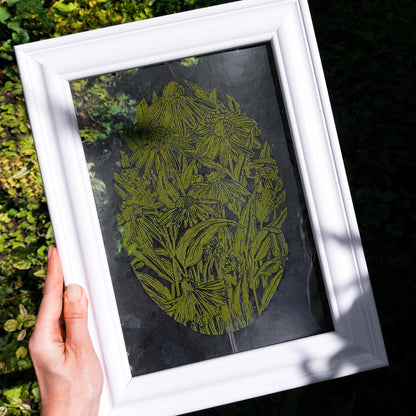 modern botanical echinacea purpurea nature flowers linocut print flexible plexiglass relief monoprint sage green color original artwork window nook decor 
wall hanging, hand carved, unique trendy, thank you gift boss, teacher appreciation gift, powder room, creative studio wall art, treat yourself, Summer wall art, large wall art, sister in law gift, self gift, rustic artwork, scandinavian artwork, retirement gift, realtor closing gift, primary bedroom, Relief handprint, one of a kind, half bath wall art